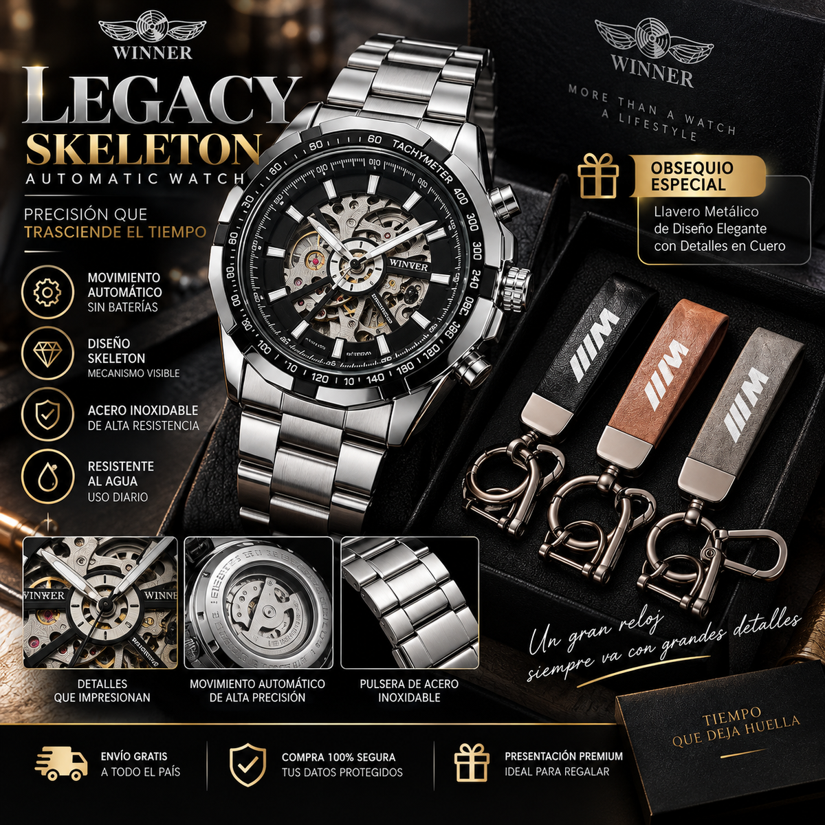 🔝RELOJ LEGACY SKELETON: UN DISEÑO ELEGANTE Y MODERNO  ⌚✨ (INCLUYE OBSEQUIO LLAVERO EN CUERO)
