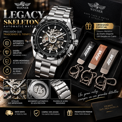 🔝RELOJ LEGACY SKELETON: UN DISEÑO ELEGANTE Y MODERNO  ⌚✨ (INCLUYE OBSEQUIO LLAVERO EN CUERO)