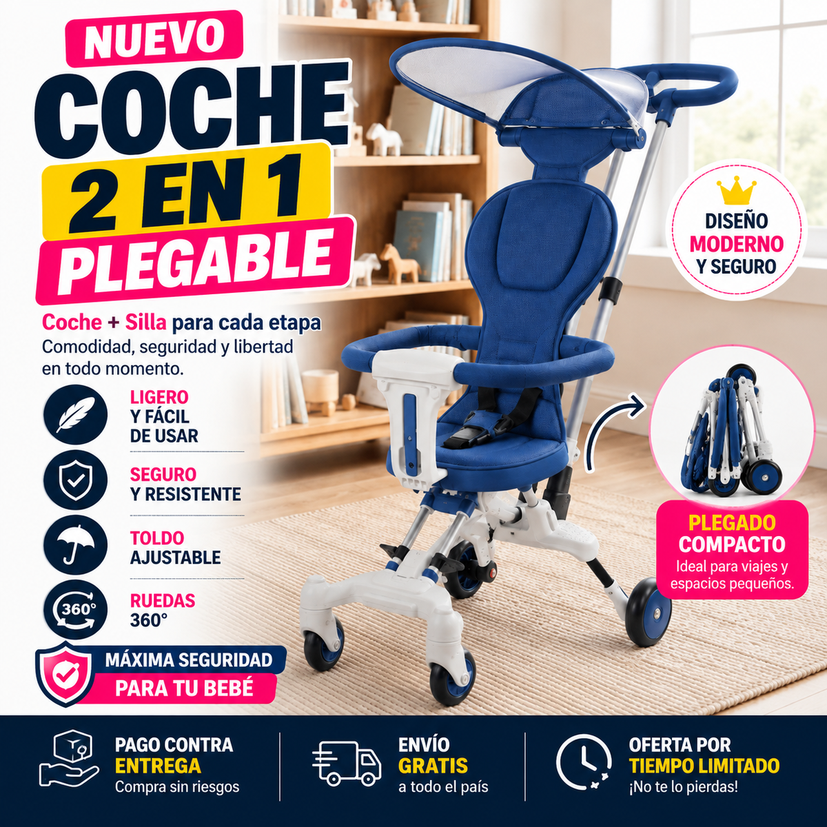 PequeRuedas | Coche 2 en 1 Plegable Paseador con Parasol- 50% de Descuento + Envío Gratis