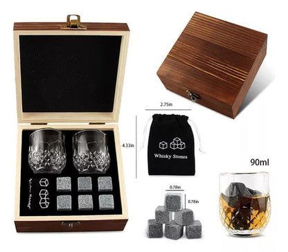JUEGO DE VASOS DE WHISKY 🥃 CON PIEDRAS ENFRIADORAS ❄️ – ELEGANCIA 🎩 Y SABOR 😋 EN CADA COPA 🍷